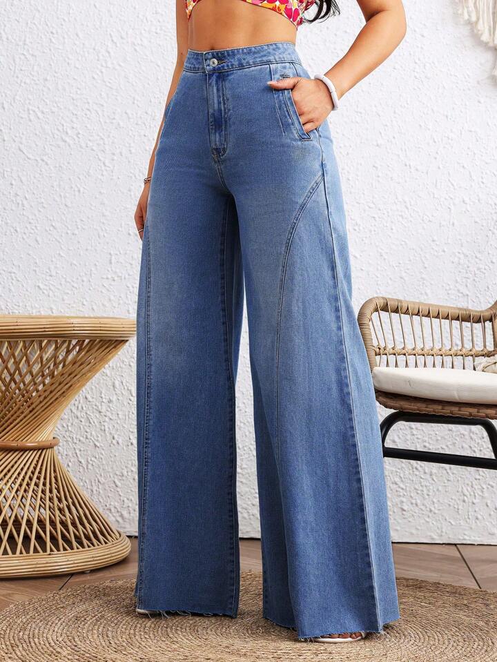 CM-BS226495 Women Casual Seoul Style Medium Wash Loose Button Zipper Mom Fit Wide Leg Denim Pants