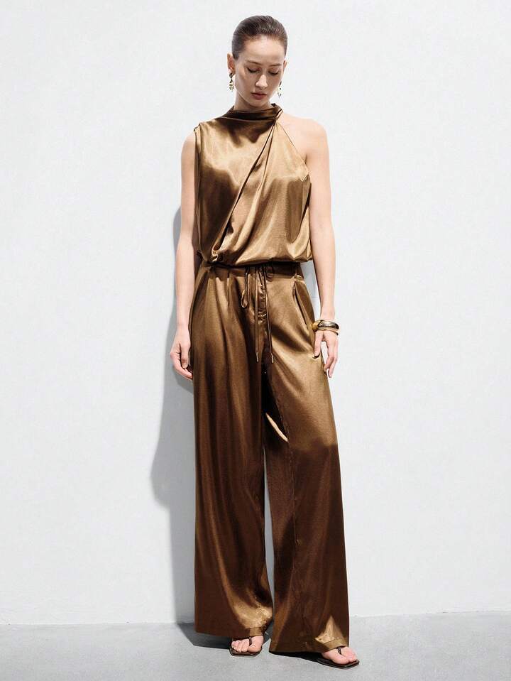 CM-SS263310 Women Elegant Seoul Style Sleeveless Drawstring Vest With Loose Straight Leg Pants - Set