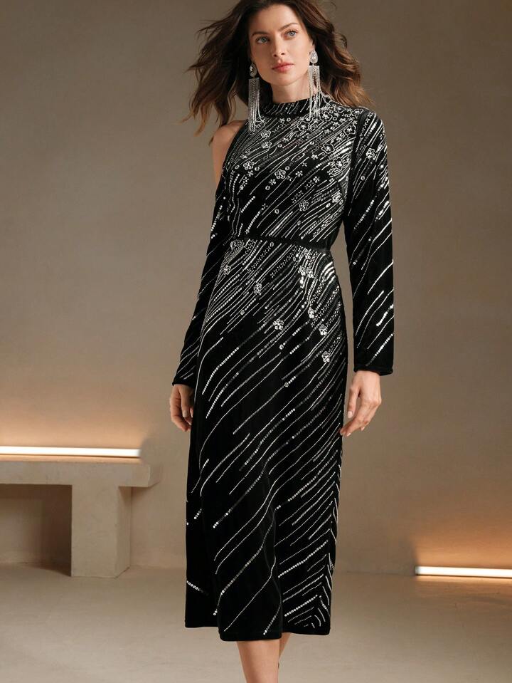 CM-DS045644 Women Elegant Seoul Style Stand Collar Off Shoulder Long Sleeve Fitted Sequin Embellished Dress