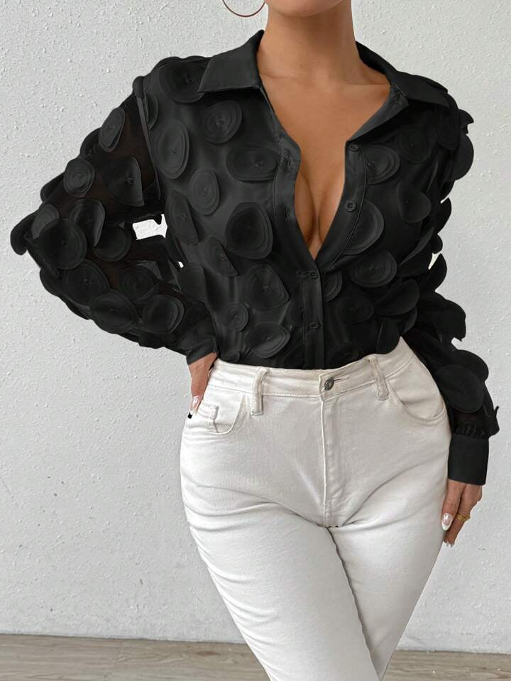 CM-TS751257 Women Elegant Seoul Style 3D Petal Chiffon Hollow Out Lantern Sleeves Shirt - Black