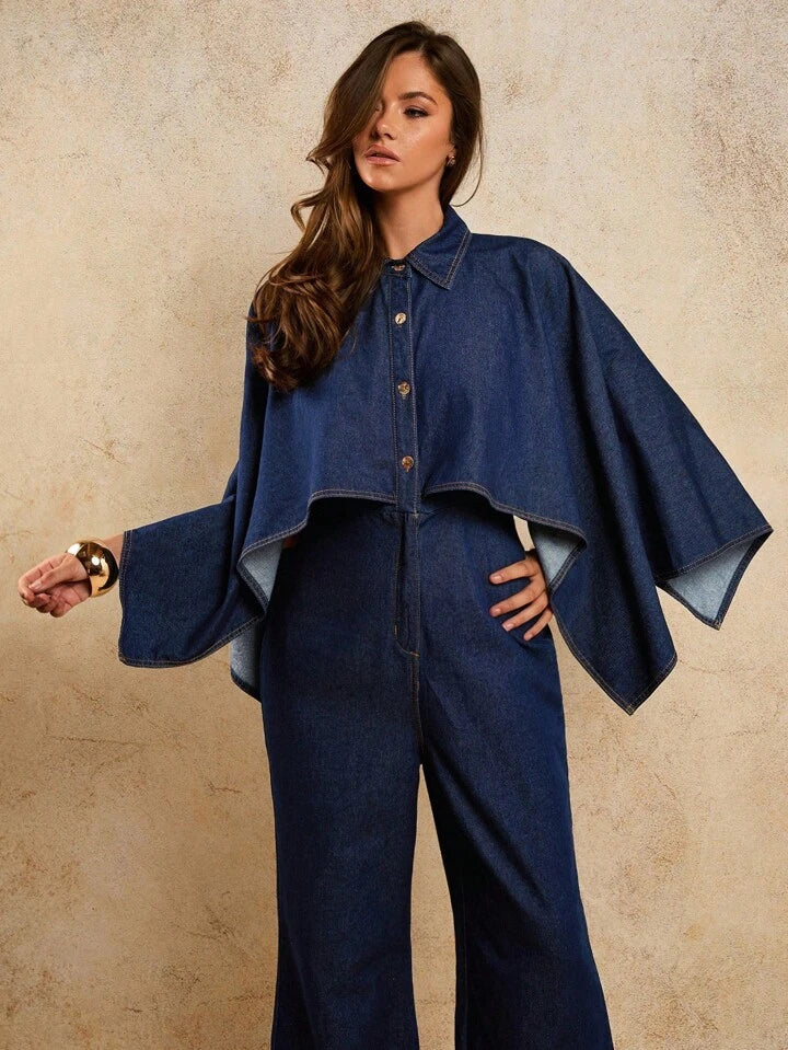 CM-JS335015 Women Casual Seoul Style 2-In-1 Batwing Sleeve Long Sleeve Loose Denim Jumpsuit - Blue