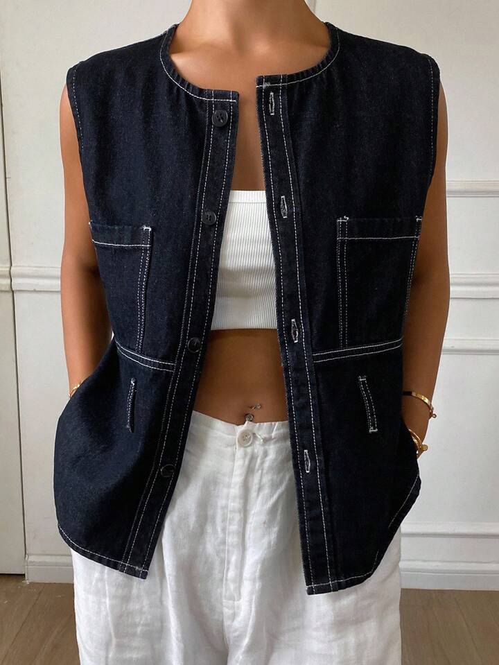 CM-TS170021 Women Casual Seoul Style Round Neck Sleeveless Belted Denim Blouse - Blue