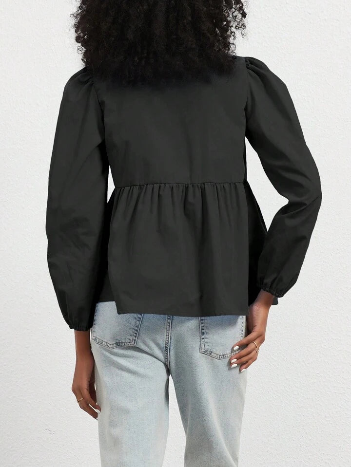 CM-TS989178 Women Casual Seoul Style Solid Color Puff Sleeve Tie-Front Shirt - Black