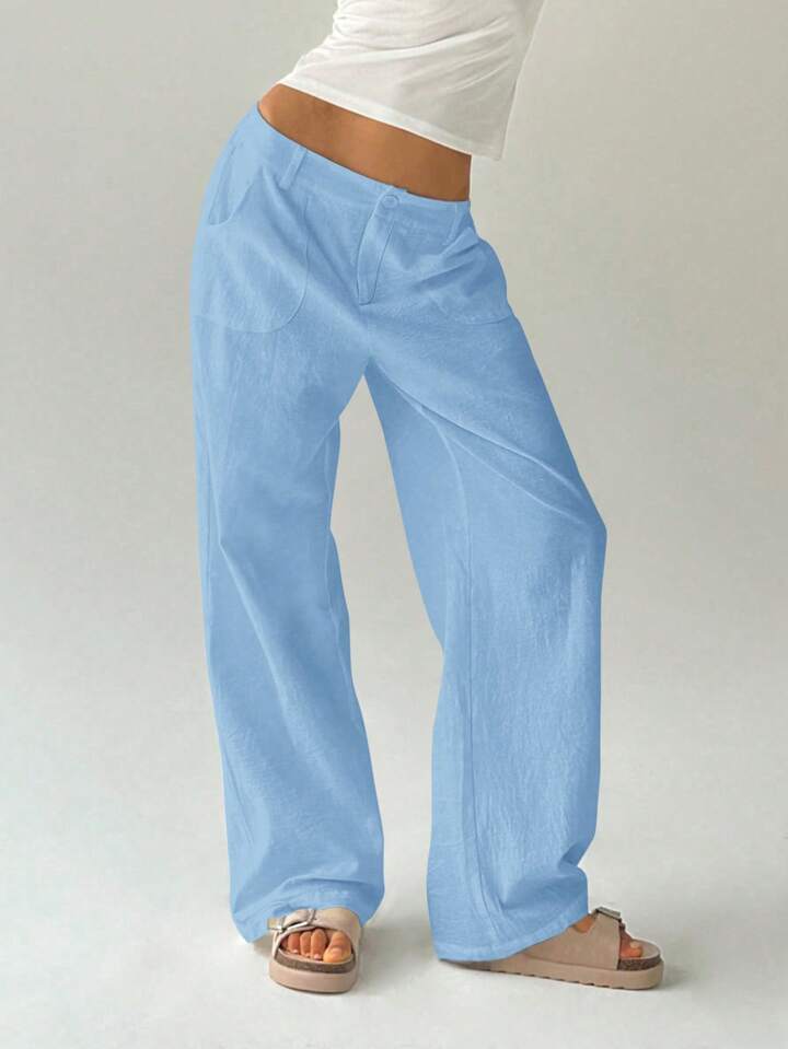CM-BS214435 Women Casual Seoul Style Solid Color Low Waist Loose Straight Leg Pants - Blue