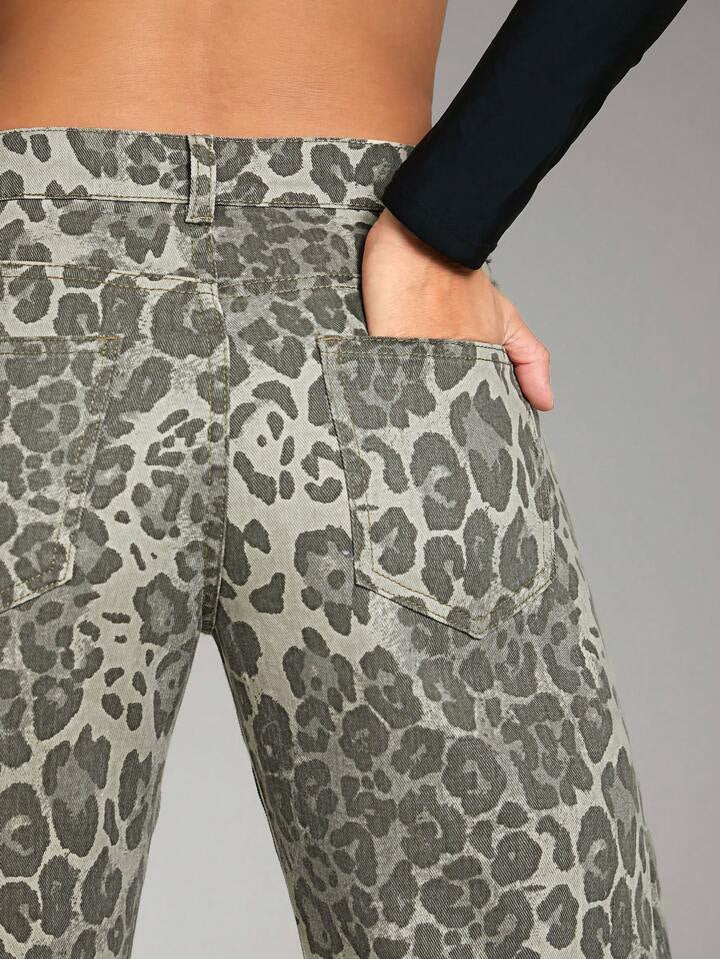 CM-BS236500 Women Casual Seoul Style Low Waist Leopard Print Straight Leg Denim Jeans - Gray