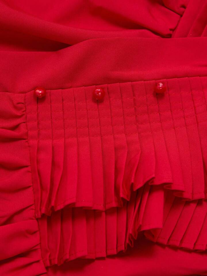 CM-TS888920 Women Elegant Seoul Style V-Neck Flounce Sleeve Multi-Layer Ruffle Pleated Blouse - Red