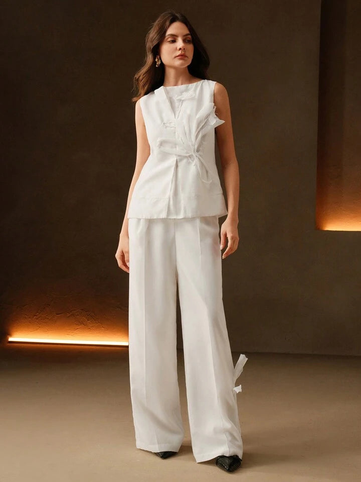 CM-TS269690 Women Elegant Seoul Style Fitted 3D Floral Design Boat Neck Sleeveless Top - White