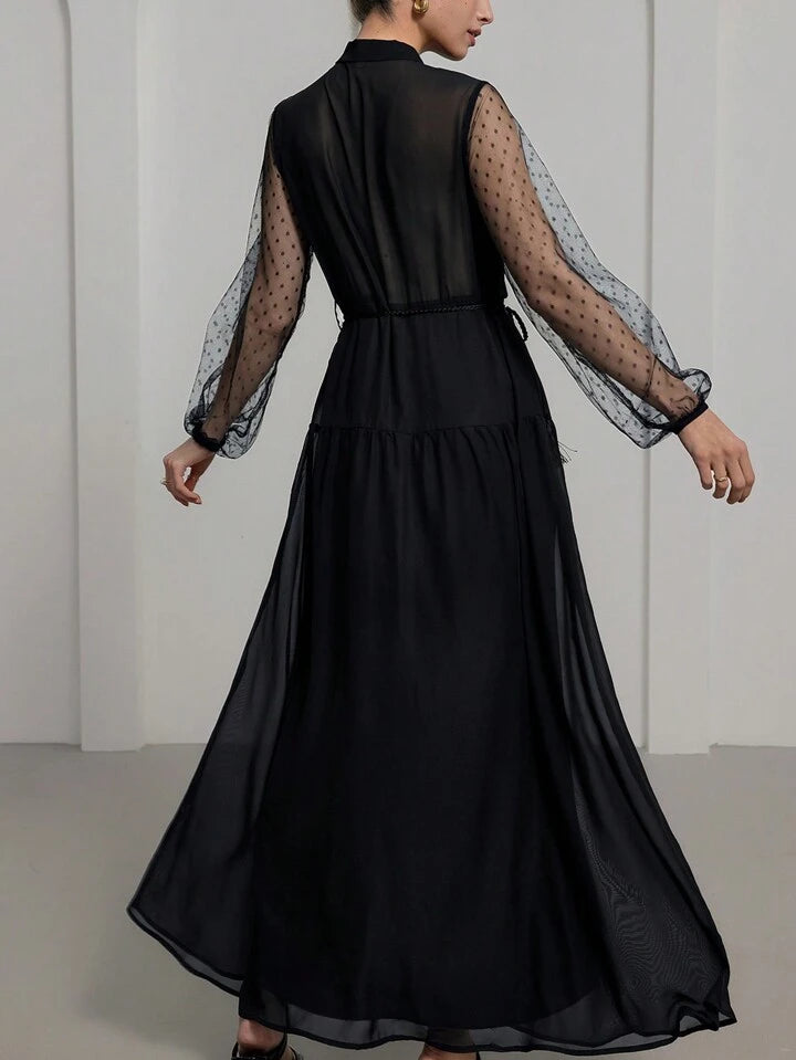 CM-DS100052 Women Elegant Seoul Style Patchwork Polka Dot Mesh Tassel Decor Bow Tie Detail Long Dress