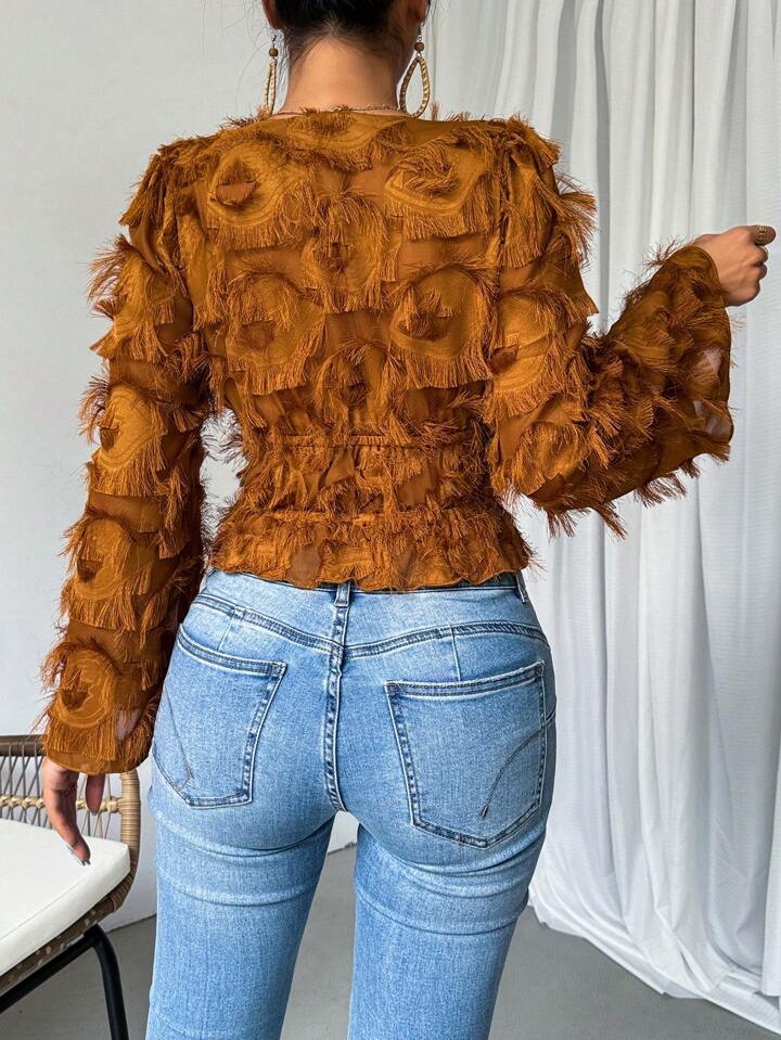 CM-TS253769 Women Casual Seoul Style Fringed Flare Sleeve Tie Front Shirt - Brown