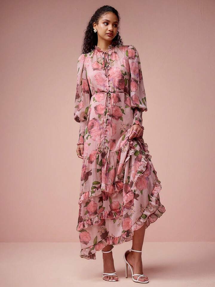CM-DS308871 Women Elegant Seoul Style Floral Print Tie Neck Multi-Layered Ruffled Hem Cuffs Dress