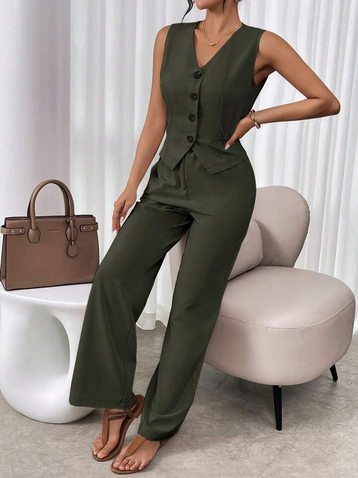 CM-SS138611 Women Casual Seoul Style V-Neck Sleeveless Single Breasted Suit Vest With Long Pants - Army Green