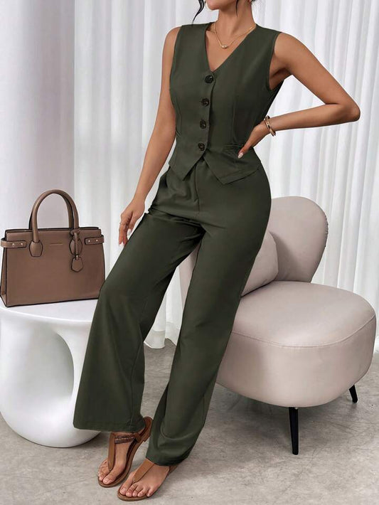 CM-SS138611 Women Casual Seoul Style V-Neck Sleeveless Single Breasted Suit Vest With Long Pants - Army Green