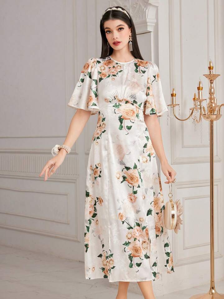 CM-DS969986 Women Elegant Seoul Style Floral Printed Butterfly Sleeve A-Line Dress