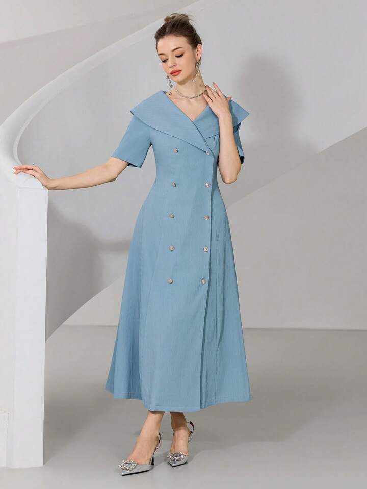 CM-DS665616 Women Elegant Seoul Style Solid Color Lapel Neckline Double-Breasted Short Sleeve Long Dress - Blue