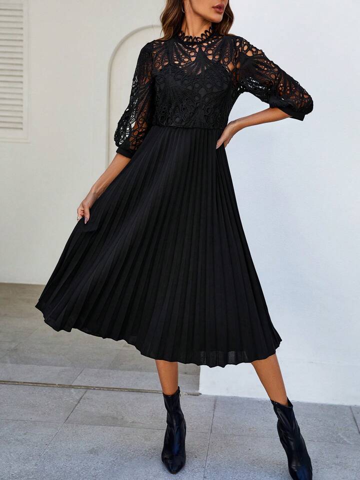 CM-DS634518 Women Trendy Bohemian Style Patchwork Corded Lace Pleated Hem Dress - Black