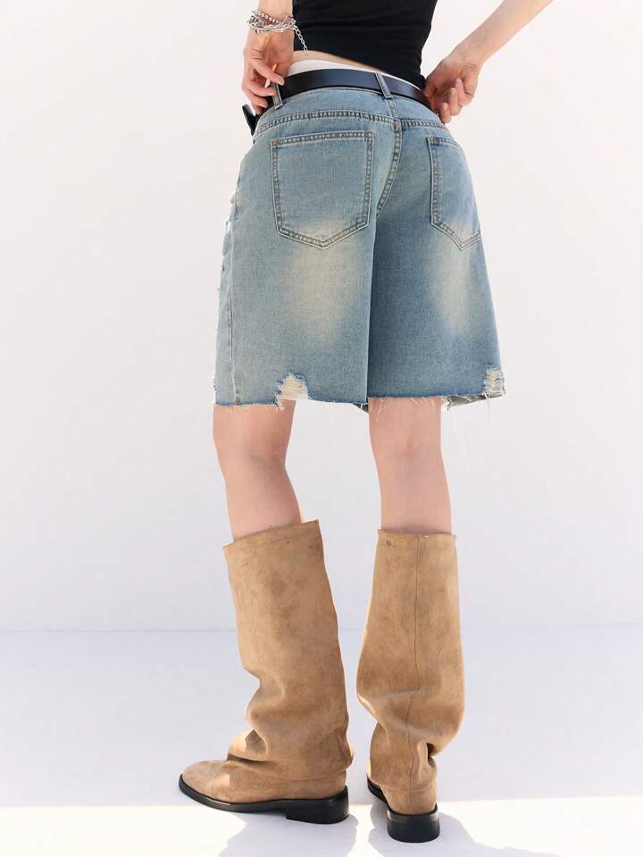 CM-BS022740 Women Casual Seoul Style Rhinestone Decor Pocket Fringe Hem Loose Denim Shorts