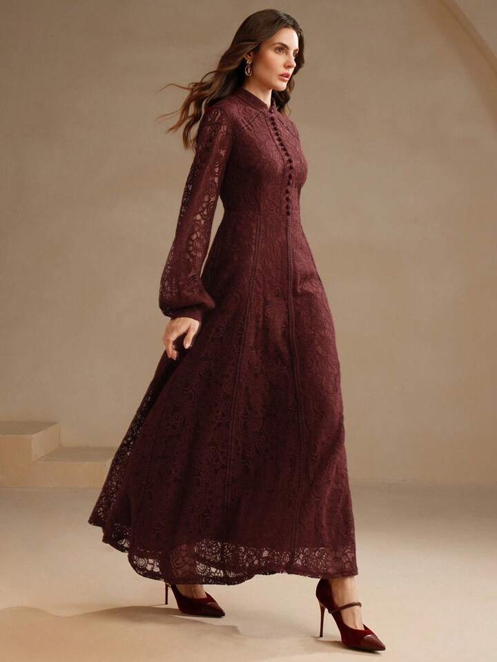 CM-DS163124 Women Elegant Seoul Style Lace Mandarin Collar Long Sleeve A-Line Dress - Burgundy