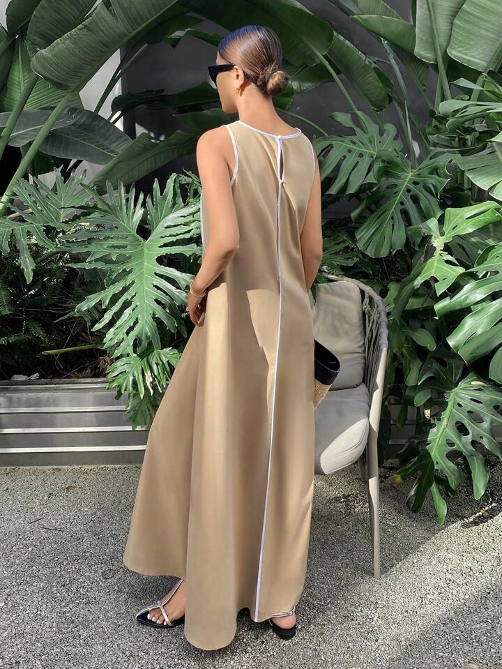 CM-DS310309 Women Casual Seoul Style Color-Conflicting Panels Sleeveless Loose Long Dress - Khaki