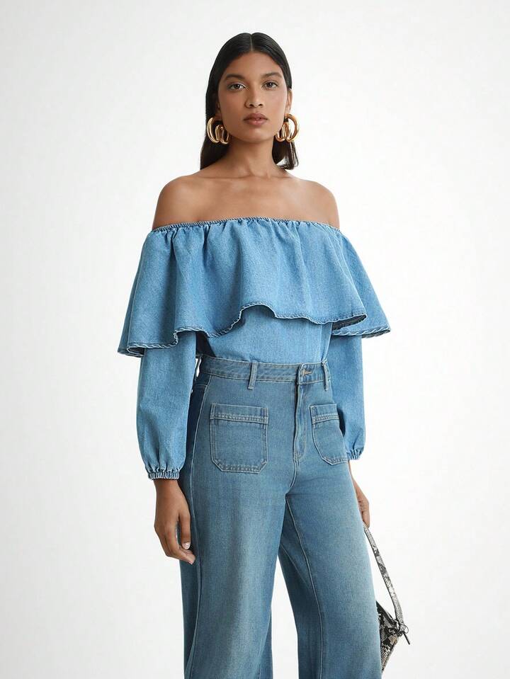 CM-TS834727 Women Trendy Bohemian Style Medium Wash Off Shoulder Lantern Sleeve Denim Blouse