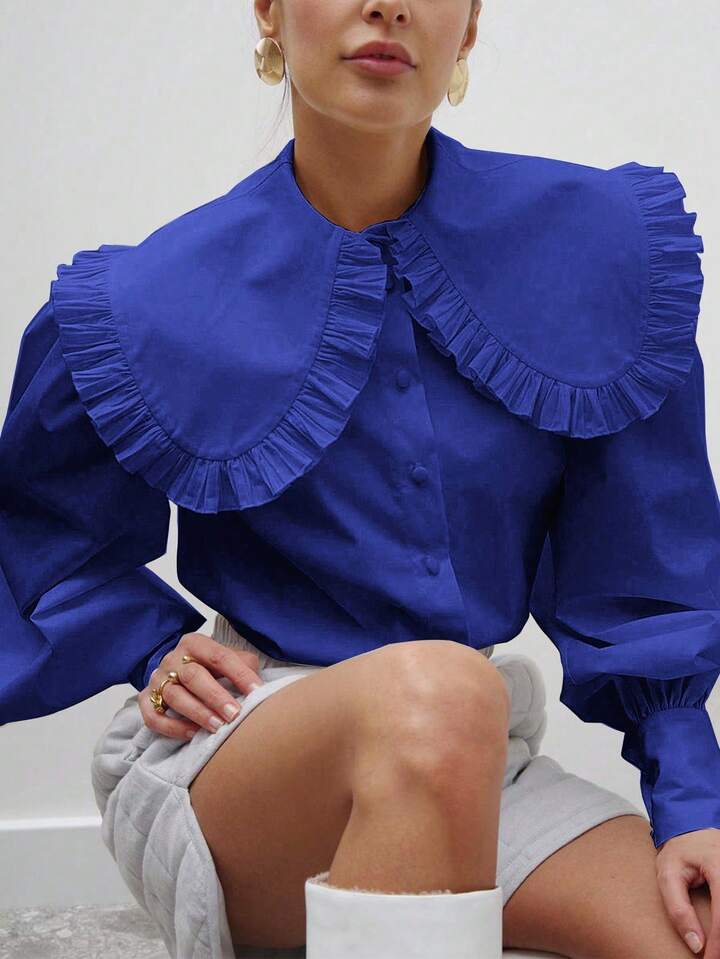CM-TS278792 Women Elegant Seoul Style Solid Color Peter Pan Collar Bishop Sleeve Ruffle Detail Long Sleeve Blouse
