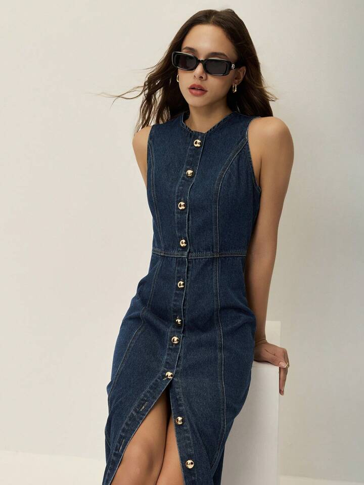 CM-BS846973 Women Casual Seoul Style Round Neck Front Button Sleeveless Midi Denim Dress