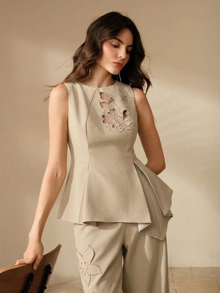 CM-TS666001 Women Elegant Seoul Style Embroidered Waist Fitted A-Line Asymmetrical Hem Tank Top - Apricot