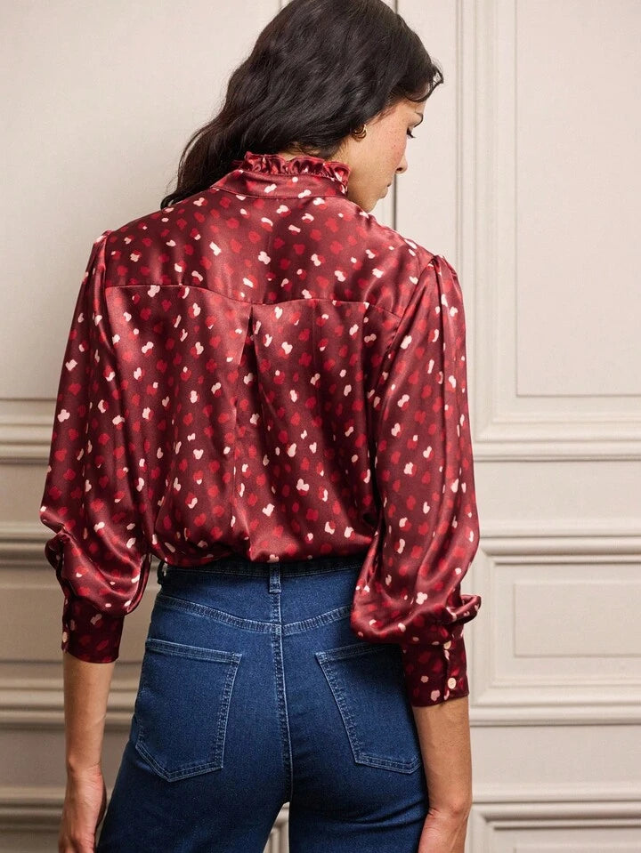 CM-TS271471 Women Elegant Seoul Style Satin Dot-Print Pintuck Ruffle Neckline Long Sleeve Blouse