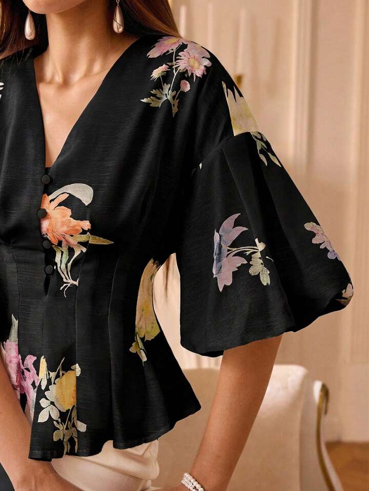 CM-TS421071 Women Elegant Seoul Style V-Neck Organza Floral Print Puff Sleeve Blouse - Black