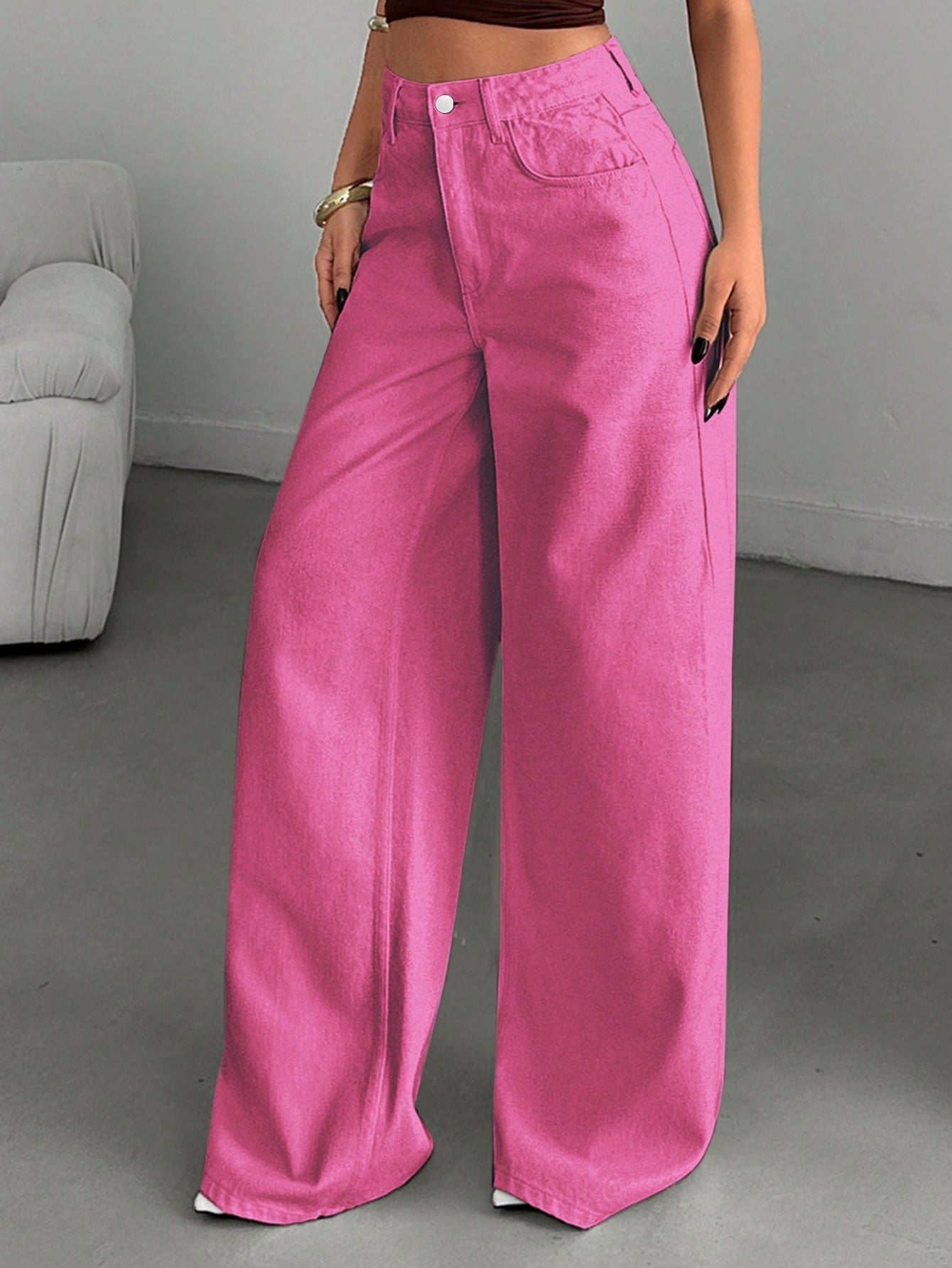CM-BS201742 Women Casual Seoul Style High-Waisted Wide-Leg Denim Jeans - Dark Pink