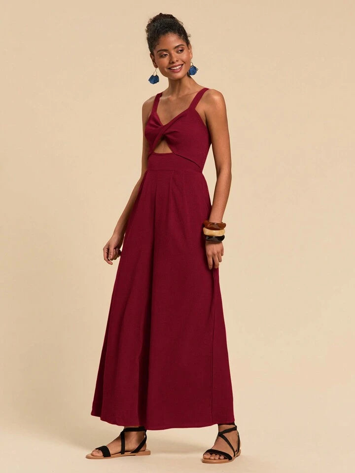 CM-JS725575 Women Trendy Bohemian Style Twist Front Cutout Cami Jumpsuit - Burgundy
