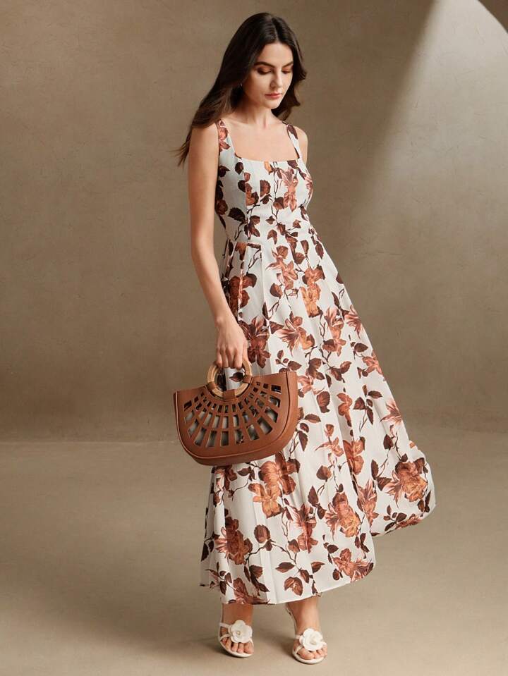 CM-DS918886 Women Elegant Seoul Style Floral Print Sleeveless High Waist Pleated Slip Dress - Khaki