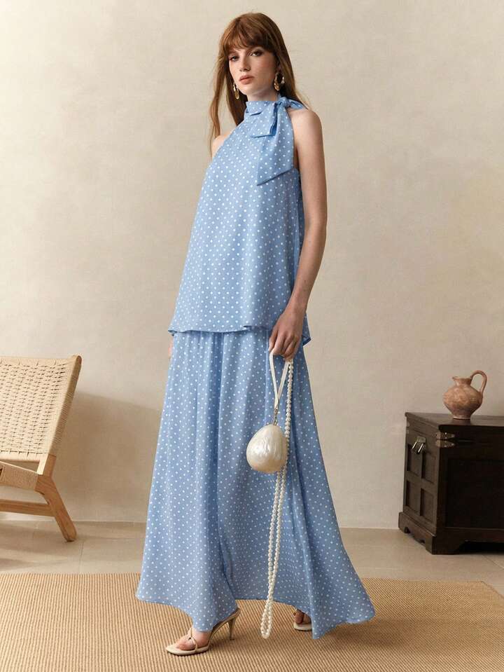 CM-SS109547 Women Trendy Bohemian Style Chiffon Polka Dot Print Sleeveless Halter Neck Top With Skirt - Set