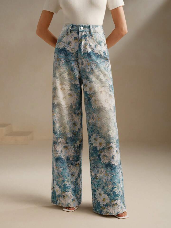 CM-BS372161 Women Casual Seoul Style Floral Printed High-Waisted Wide Leg Jeans
