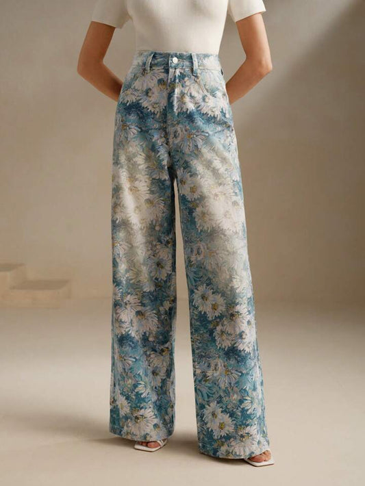 CM-BS372161 Women Casual Seoul Style Floral Printed High-Waisted Wide Leg Jeans