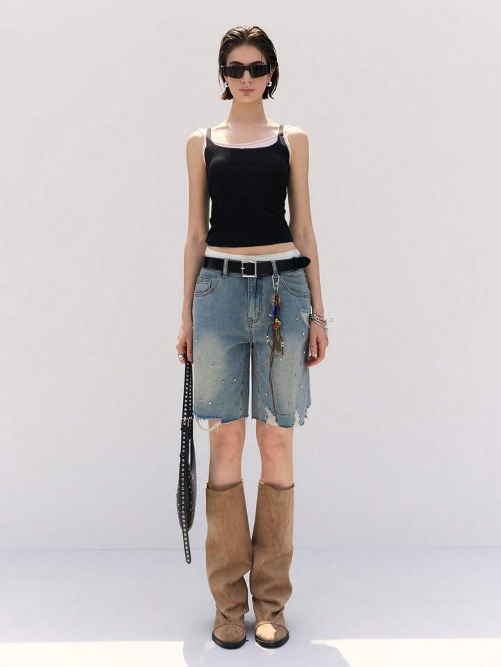 CM-BS022740 Women Casual Seoul Style Rhinestone Decor Pocket Fringe Hem Loose Denim Shorts