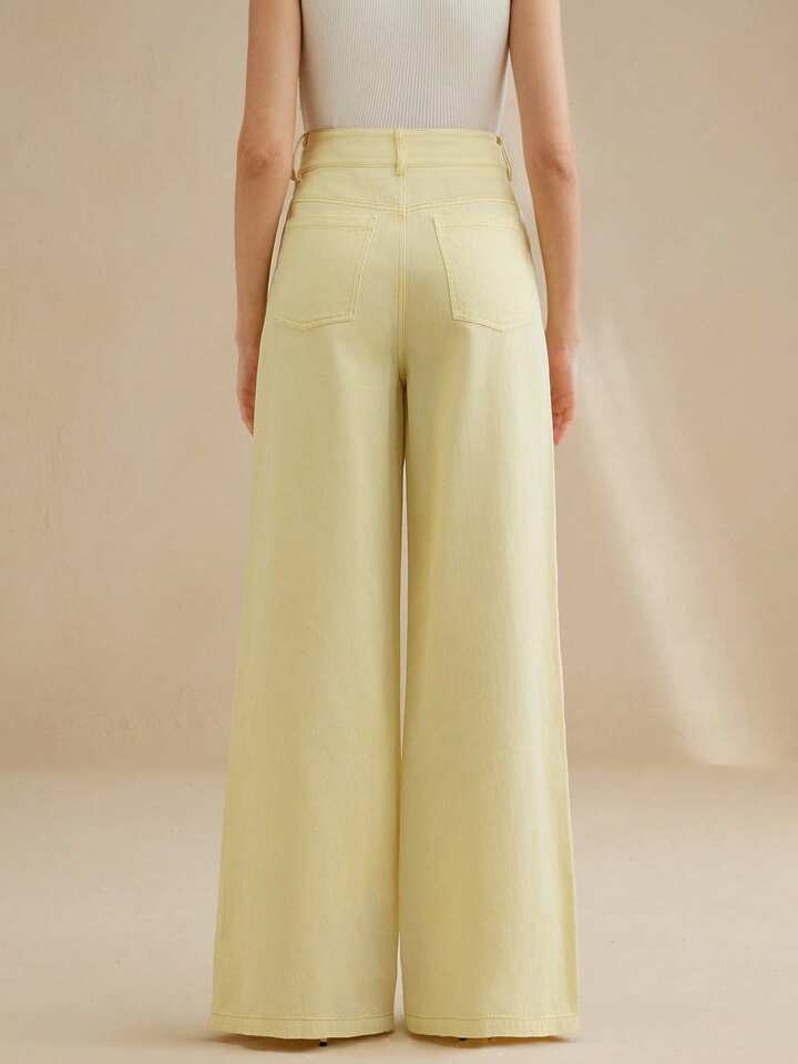 CM-BS166262 Women Casual Seoul Style Baggy Rhinestone Decor Pocket Wide Leg Denim Jeans - Yellow