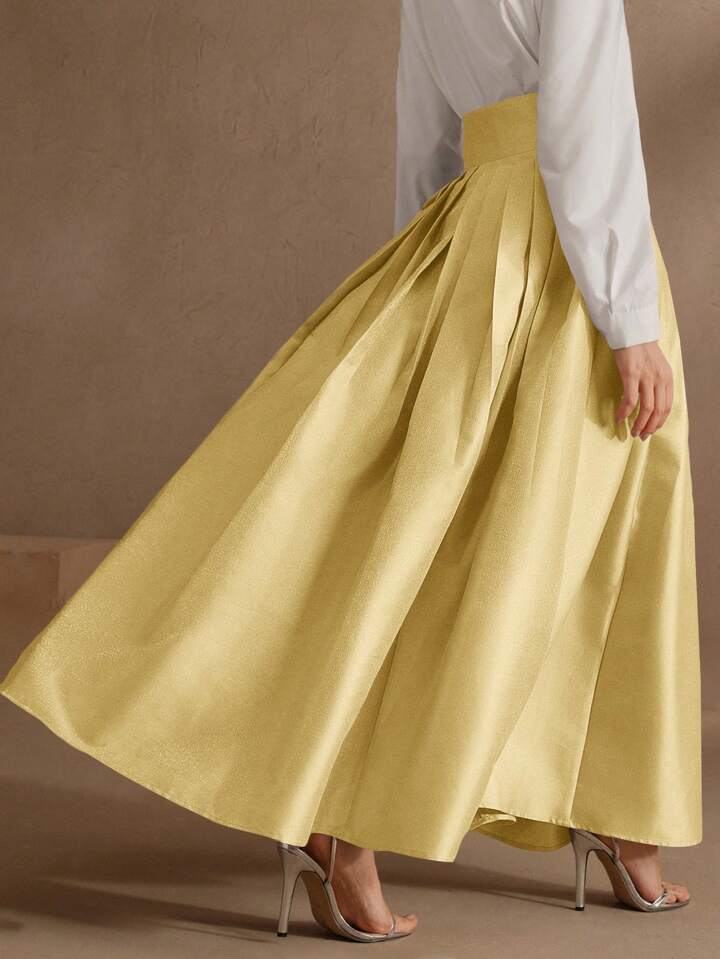 CM-BS095680 Women Elegant Seoul Style High Waisted Puff Pleated Long Skirt - Ginger
