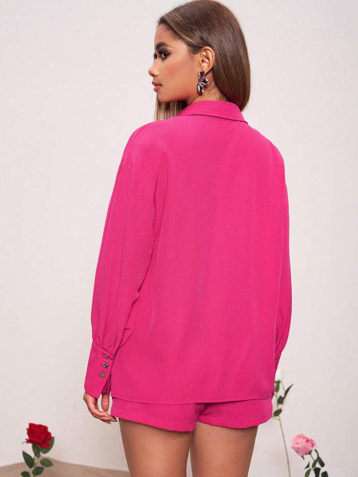 CM-TS560262 Women Casual Seoul Style Loose-Fitting Dropped Shoulder Long Sleeve Shirt - Hot Pink