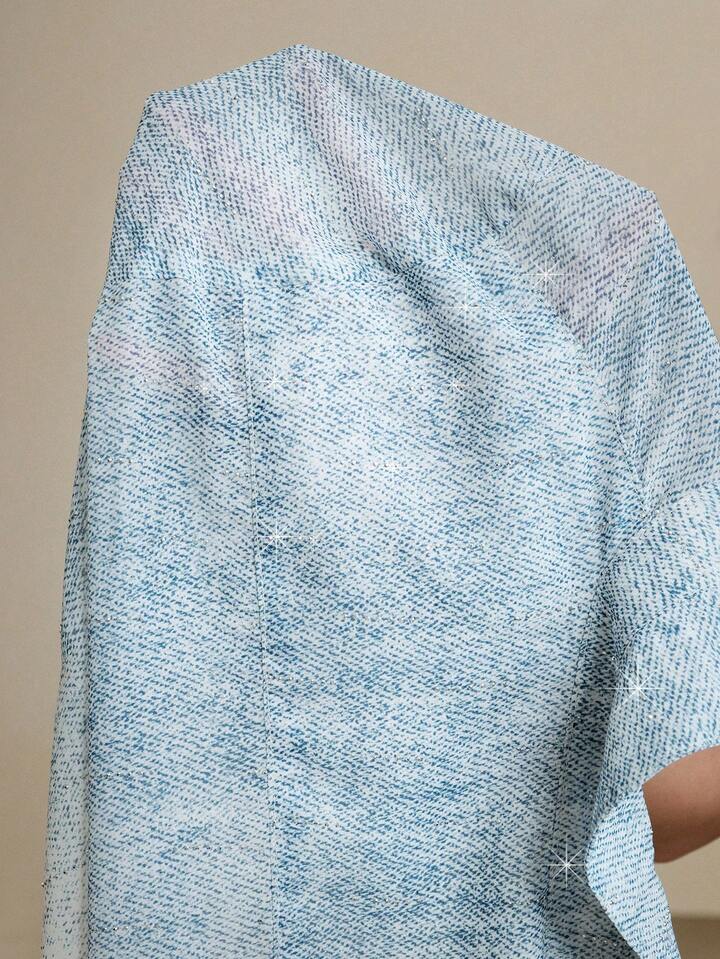 CM-TS152668 Women Elegant Seoul Style Gradient Rhinestone Stand-Up Collar Long Sleeve Blouse - Blue