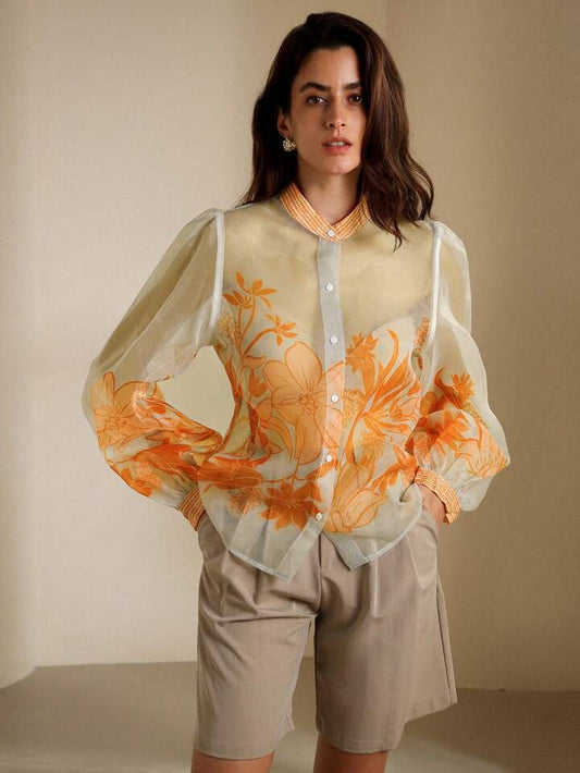 CM-TS329172 Women Elegant Seoul Style Flot=ral Print Sheer Mesh Long Sleeve Shirt - Orange