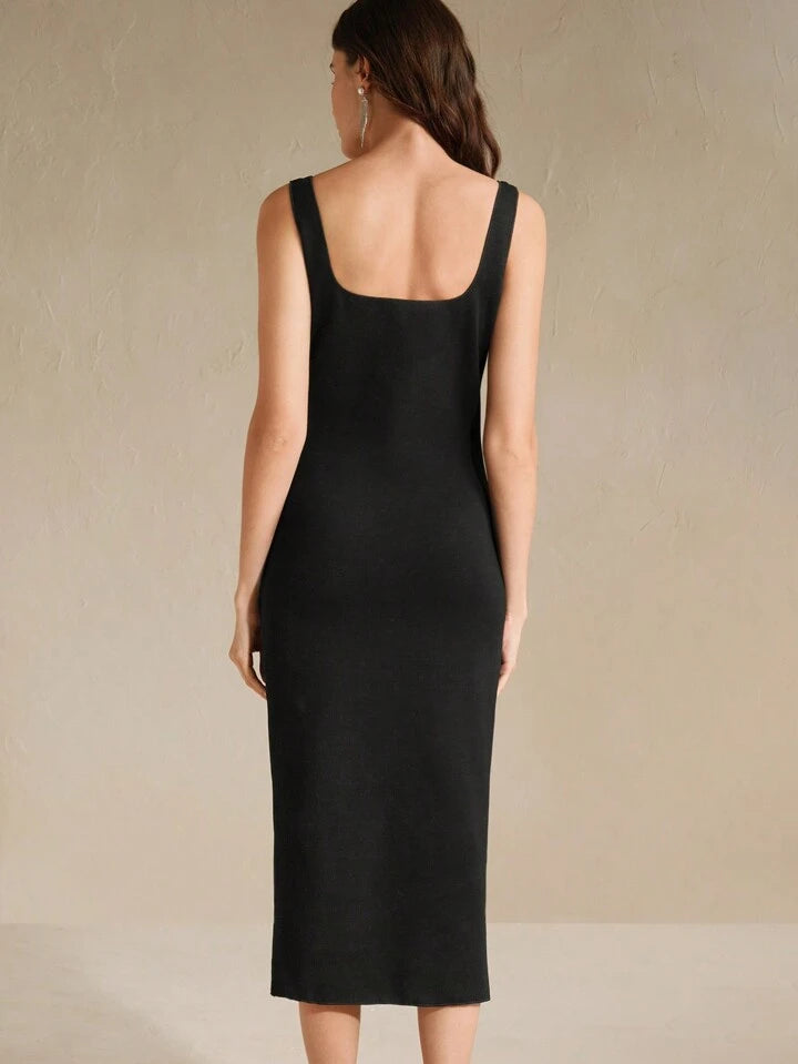 CM-DS417113 Women Elegant Seoul Style Rhinestone Decor Sleeveless Backless Wide Strap Dress - Black