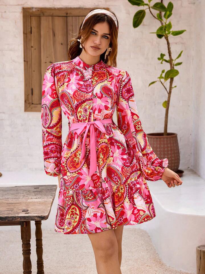 CM-DS544076 Women Trendy Bohemian Style Paisley Printed Lantern Sleeve Dress