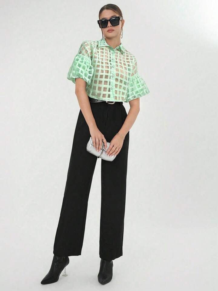 CM-TS600039 Women Casual Seoul Style Plaid Mesh Drop Shoulder Crop Shirt - Mint Green