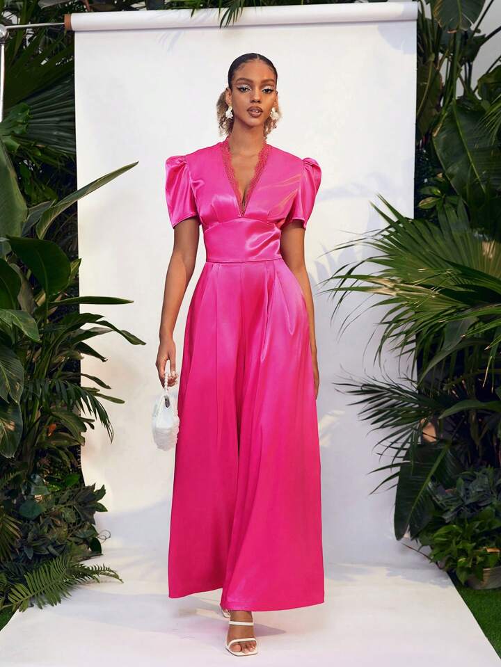 CM-JS005367 Women Elegant Seoul Style Lace V-Neck Short Sleeve Straight Leg Jumpsuit - Hot Pink