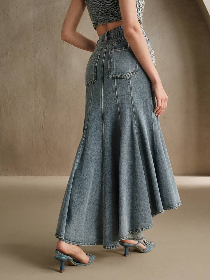 CM-BS801184 Women Elegant Seoul Style Light Wash Rhinestone Embellished Mermaid Denim Skirt
