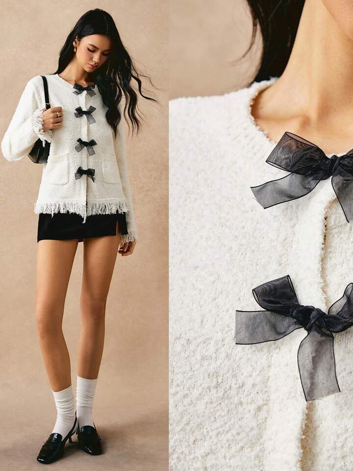 CM-CS281341 Women Casual Seoul Style Color Blocking Long Sleeve Fringe Trim Cardigan - White