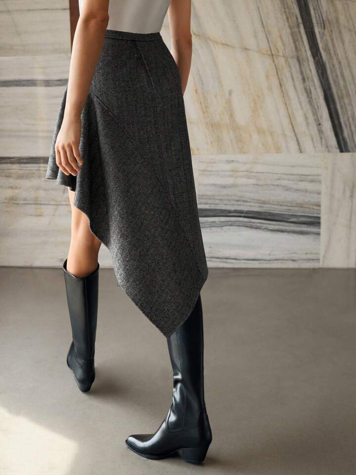 CM-BS017060 Women Elegant Seoul Style Wool Asymmetrical Hem Skirt - Gray