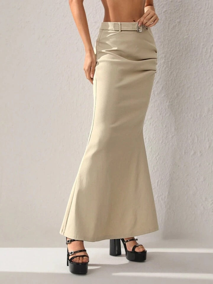 CM-BS726622 Women Elegant Seoul Style Solid Color Long Skirt With Belt - Khaki