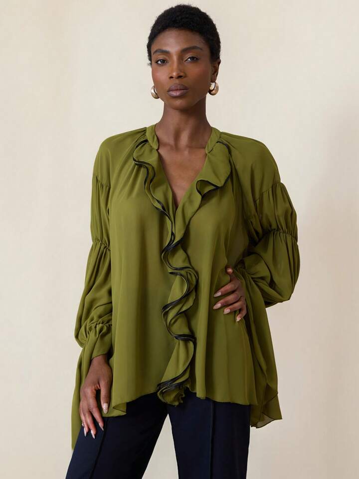 CM-TS564058 Women Elegant Seoul Style V-Neck Ruffle Trim Extra Long Sleeve Oversized Blouse