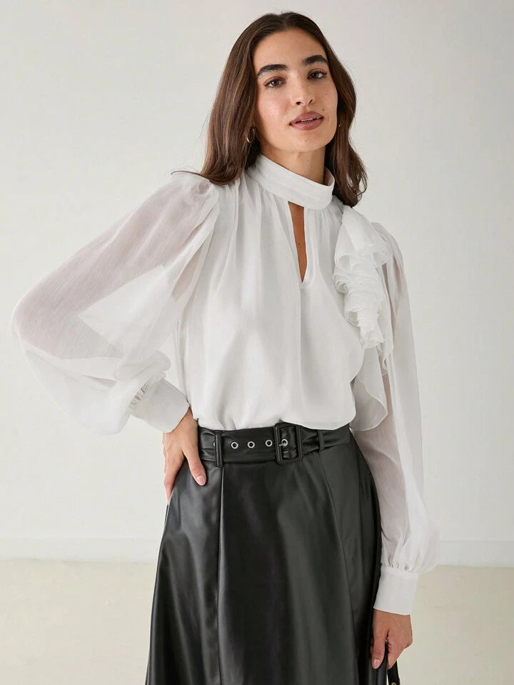 CM-TS119112 Women Elegant Seoul Style Stand Collar Long Sleeve Ruffle Trim 3D Floral Blouse - White